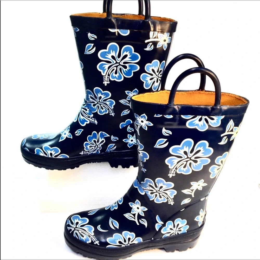 Lands' End Kids Black and Blue Floral Rain Boots